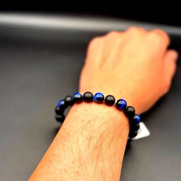 Blackjack BJB244BTN Men’s Blue Tiger Eye Onyx Beaded Bracelet 10mm NIBWT